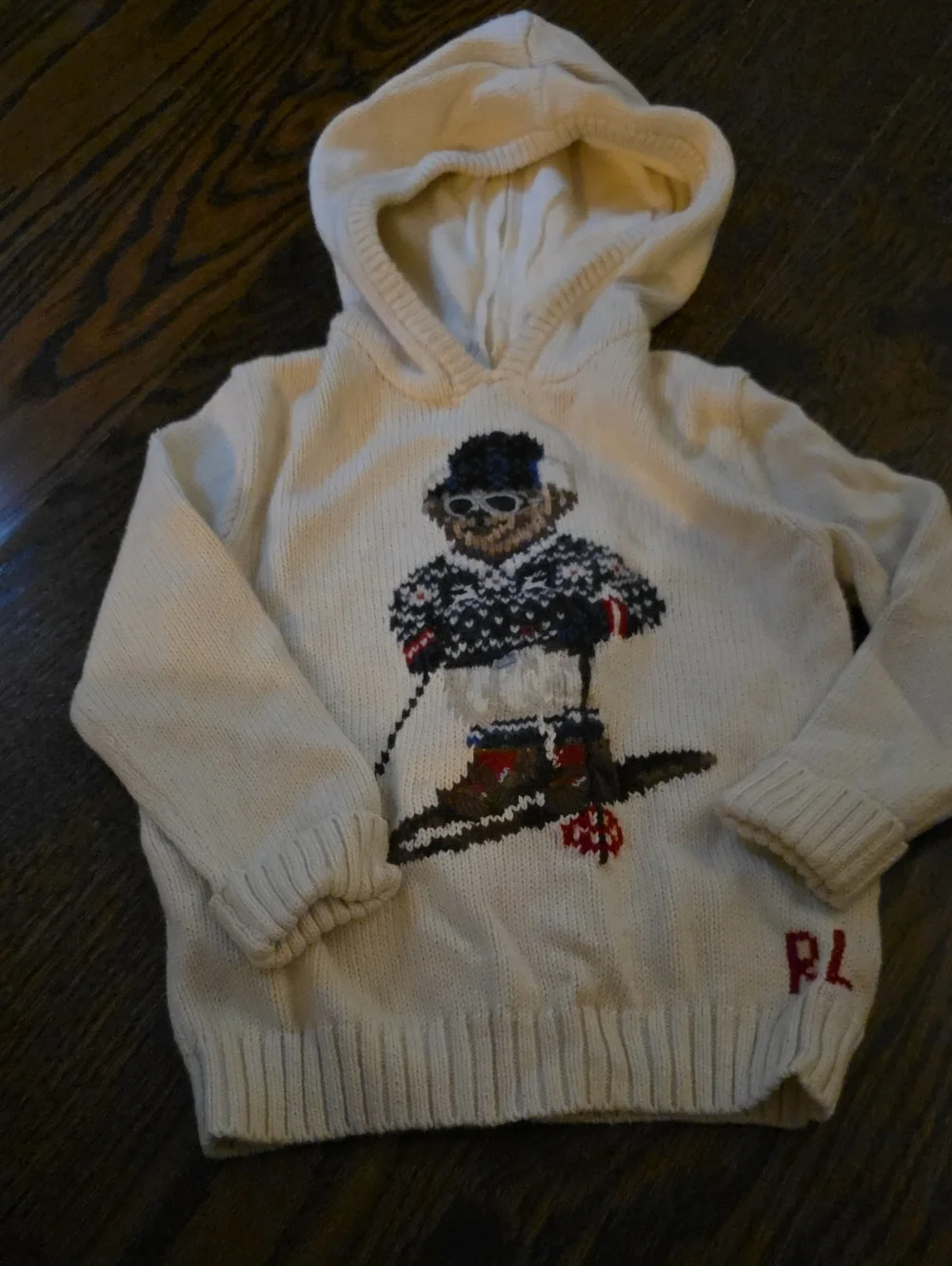 Ralph Lauren Cream Hooded Sweater with Skiing Bear Graphic